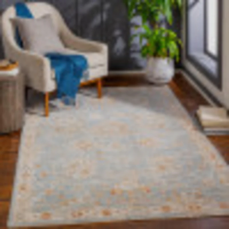 Livabliss Mirade Vintage Style Rug 200x290 cm – Area Accent for Living Room, Dining & Bedroom – Medium Pile, Cotton Back, Indoor Use, Easy Care, Denim, Light Grey, Rust