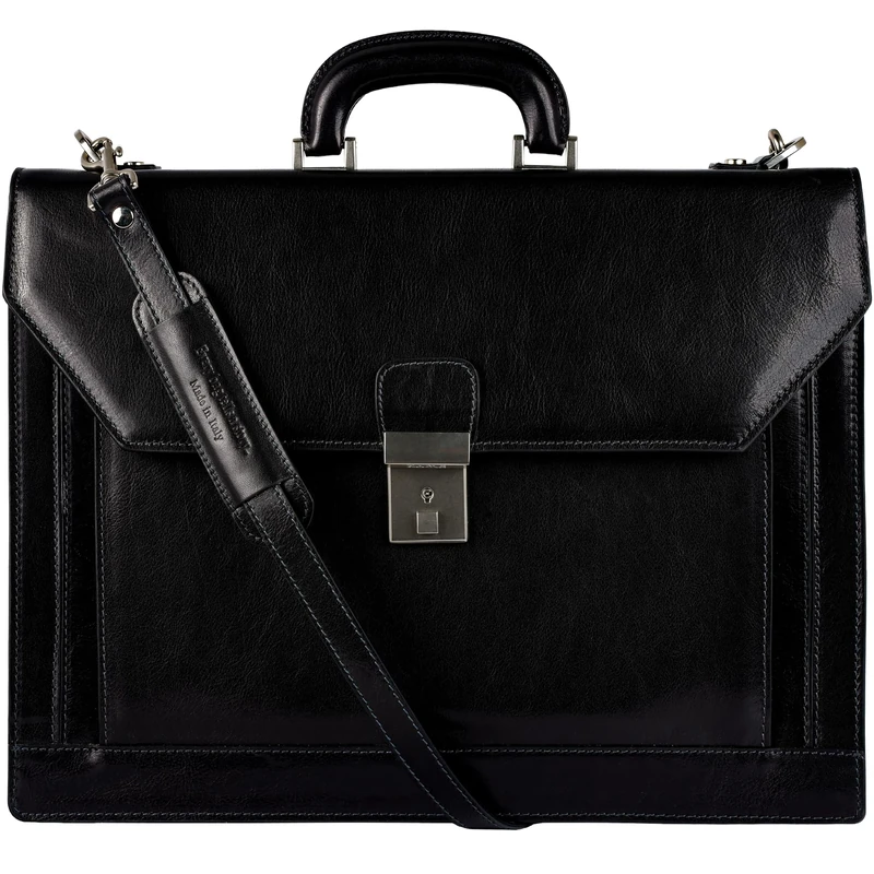 Time Resistance Leather Briefcase - Work bag Handmade in Italy - Business Shoulder Bag (Black)