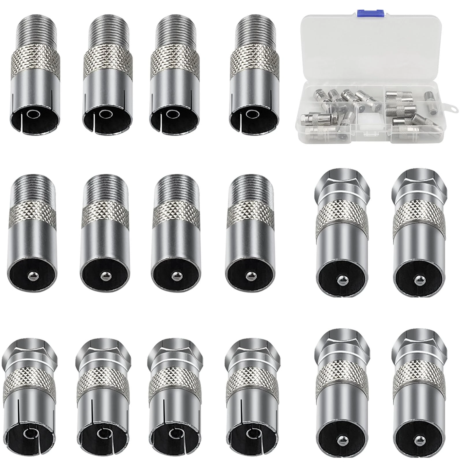 CiShow 16pcs F/T Plug Type Male to Female Coaxial Socket Adapter Satellite TV Aerial Coax RF Cable Coupling Connector Adaptor for Compatible with Internet A/V Device Port Digital Audio Video (Silver)