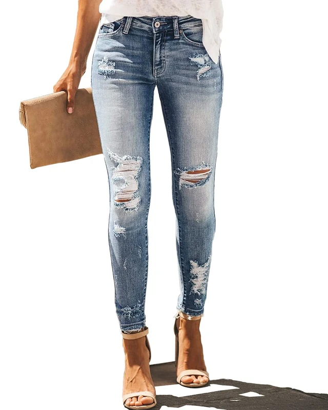 Allimy Women's High Waisted Ripped Bell Bottom Jeans Flare Destroyed Denim Pants, Blue-1, 14 - Image 1