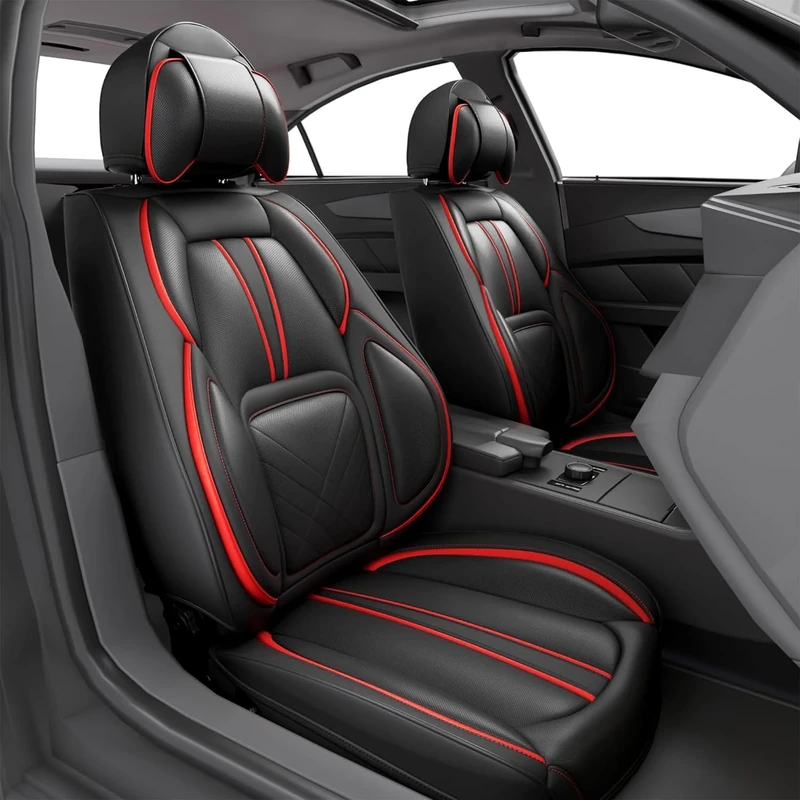 ASLONG 5PCS 2025 Car Seat Covers Auto Interior Accessories with Water Proof PU Leather for Cars SUV Pick-up Truck Universal Comfortable and Breathable (Full Set, Black&Red)