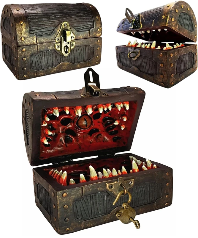 Galdor's Guild Mimic Chest Dice Storage Box | Free Lock & Key | Compatible with Dungeons & Dragons Players, Dungeon Master/DM RPG Gaming | Holder Vault Case | Holds 6 Sets of Polyhedral Dice (Large)