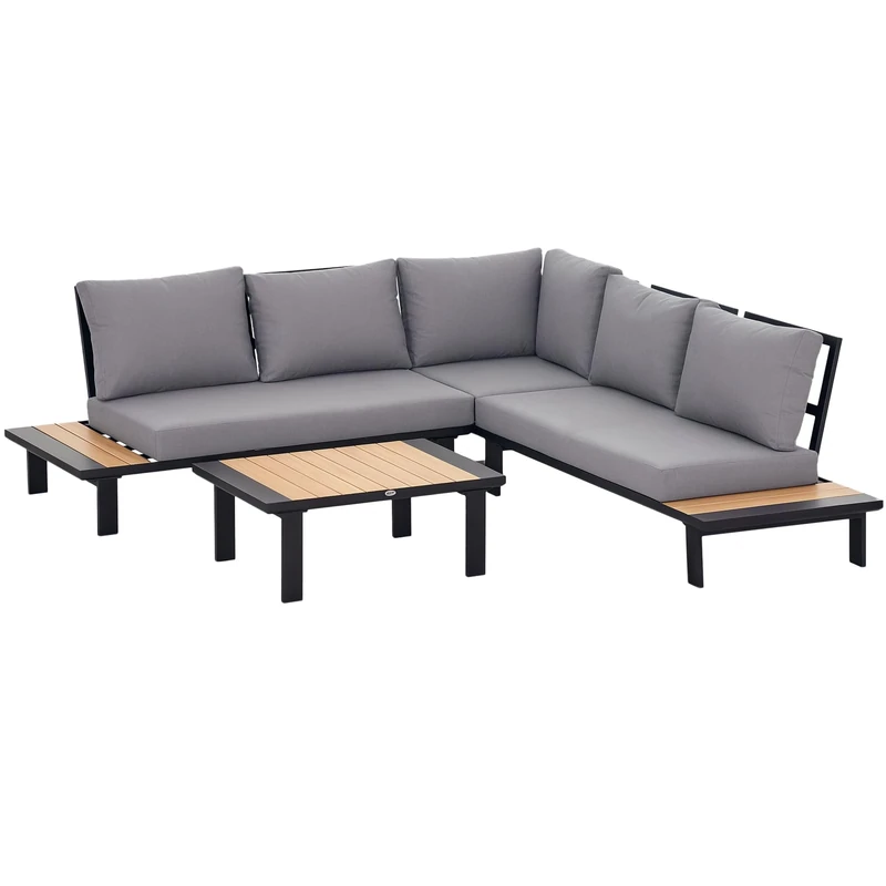 Outsunny 4 Pieces Aluminium Garden Furniture Sets with Thick Padded Cushion, 5 Seater Outdoor L Shape Corner Sofa Conversation Set, w/Coffee Table and Sofa Side Table for Patio, Deck, Dark Grey