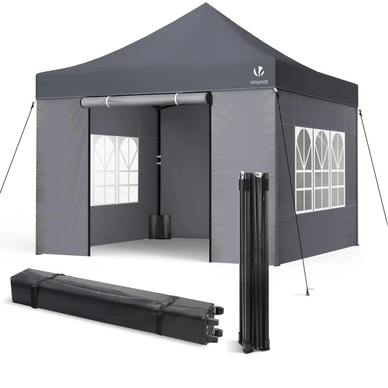 VOUNOT® 3x3m Heavy Duty Gazebo with 4 Sides, Pop up Gazebo Fully Waterproof Party Tent with Roller Bag and Leg Weights, Grey