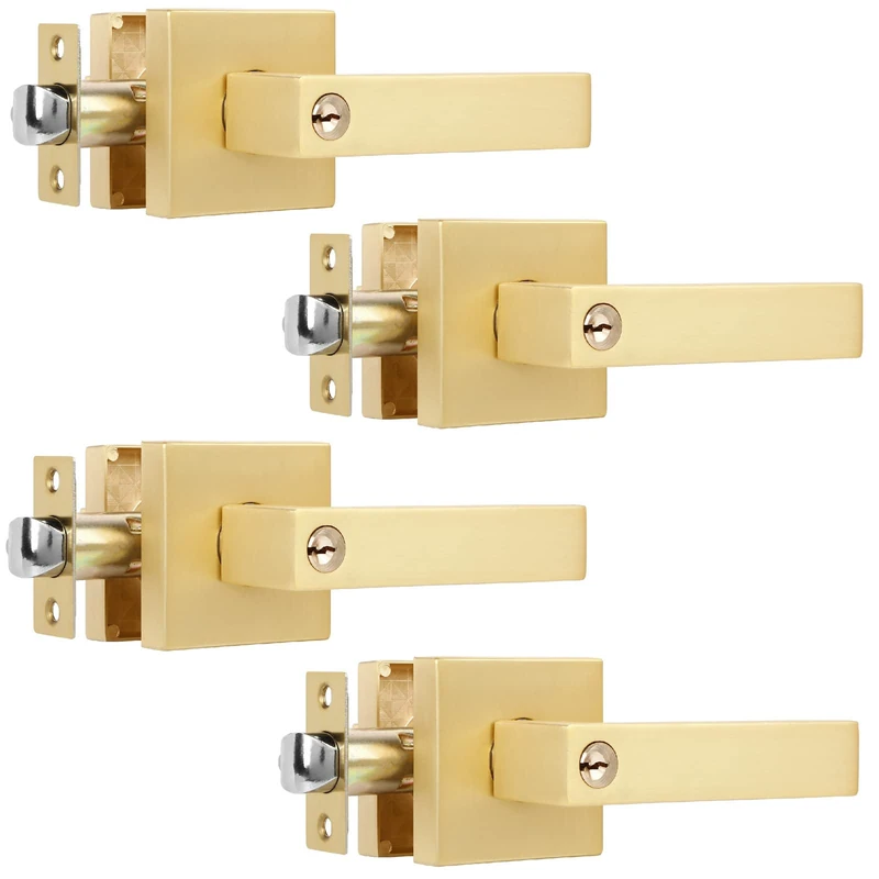Heittis 4 Pack Heavy Brass Door Knobs Square Gold Door Knobs Interior (Keyed Alike), Satin Brass Gold Door Knob with Lock and Keys for Interior/Exterior/Front Doors