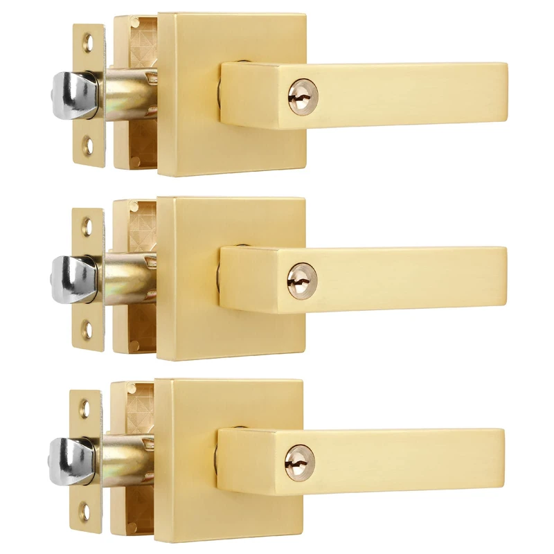 Heittis 3 Pack Square Gold Door Handle with Key Heavy Door Knobs Interior(Keyed Alike), Satin Brass Gold Door Handles with Lock and Keys for Interior/Exterior/Front Doors