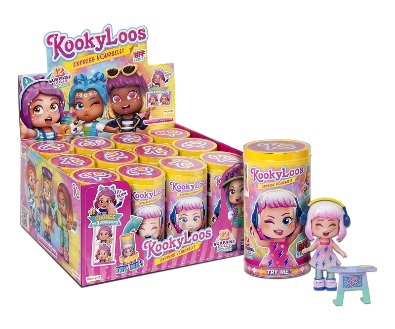 KOOKYLOOS BFF Series - Complete collection of 12 surprise collectible dolls with fashion accessories, shoes, dresses and toys, with 3 fun expressions
