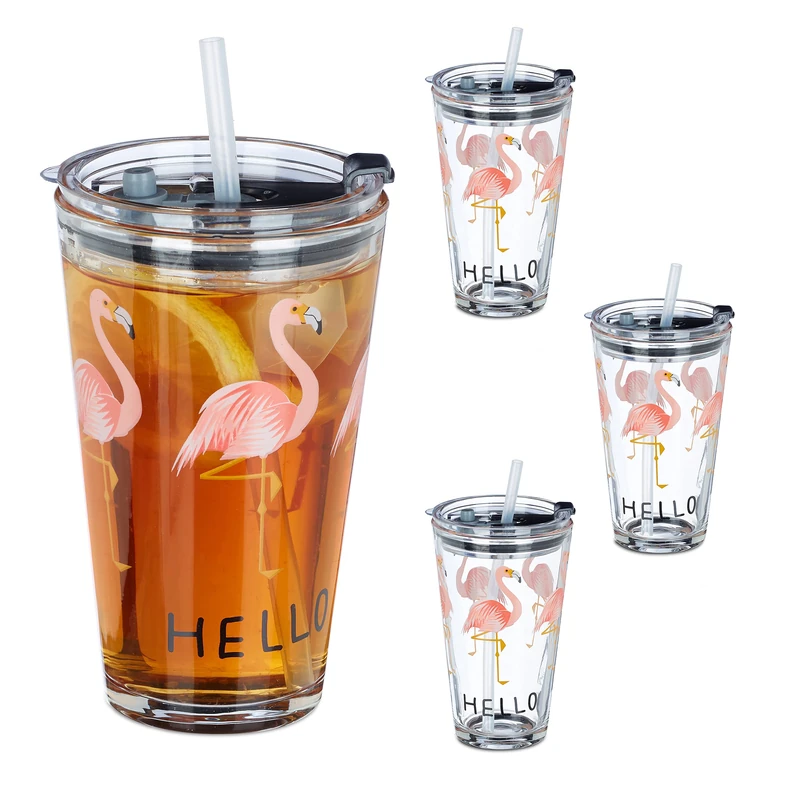 Relaxdays Glass Cups with Lid & Straw, Set of 4, Flamingo Design, Kids Drinking Glasses, 450 ml, Dishwasher Safe, Clear