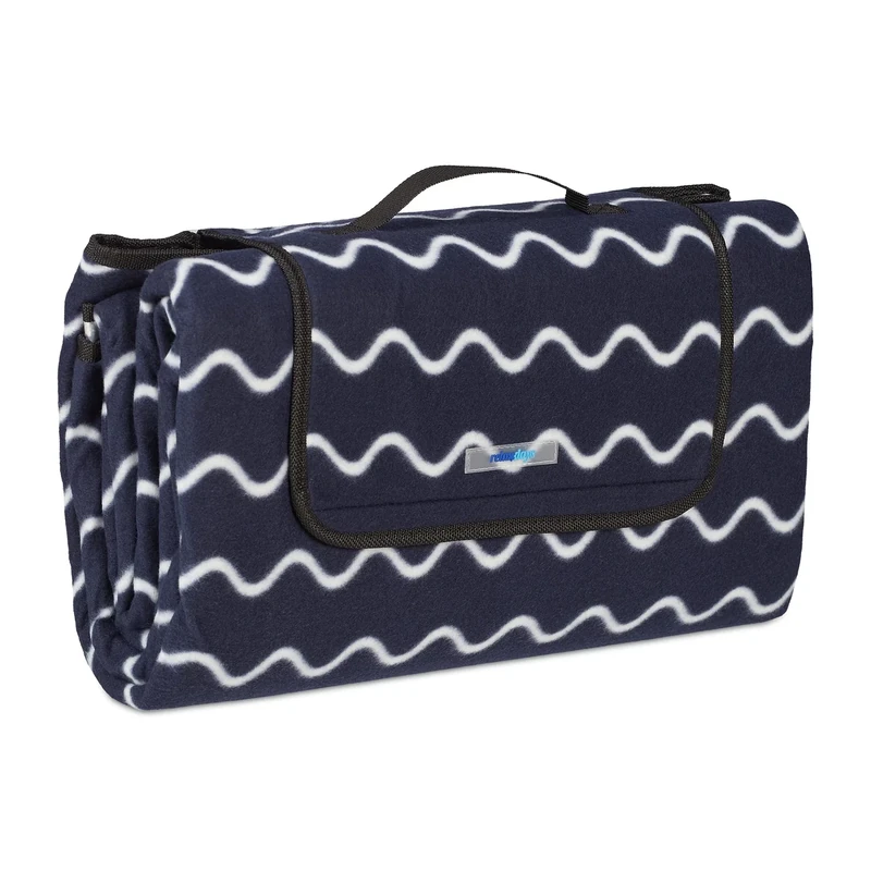 Relaxdays XXL picnic blanket, 200 x 200 cm, fleeced beach & camping mat, insulated & waterproof, portable, dark blue, Polyester
