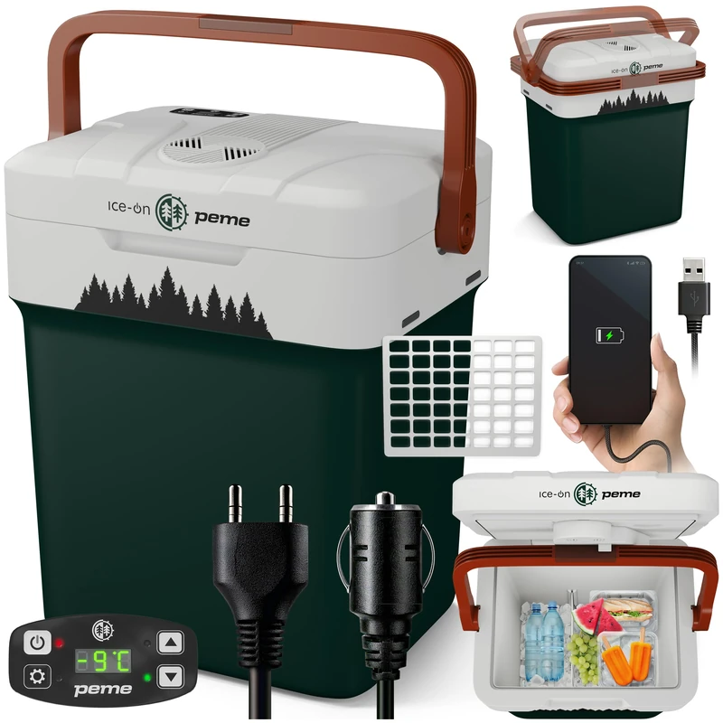 peme Essential Electric Cooler 22.9L - Cooler & Dish Warmer, Dual Power 12V & 230V, Eco Mode, USB Port, Secure Lid, for Car, Camping, Boat