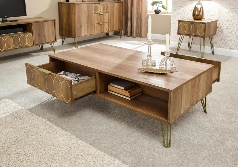 GFW Orleans Mango Effect Coffee Table, 2 Drawer Storage Coffee Table with Open Shelves, Hairpin Legs and Retro Living Room Design - Image 1