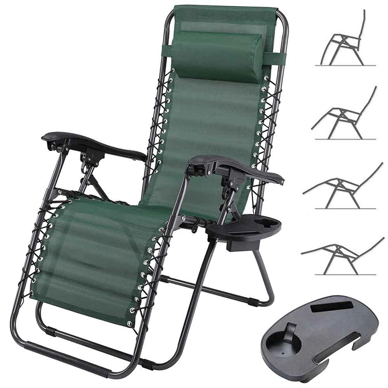 BAKAJI Zero Gravity Chair Garden Lounger Relaxing Folding Space-Saving with Tray Tubular Steel 22 mm Reclining Texylene Fabric Breathable Terrace Outdoor Swimming Pool Green