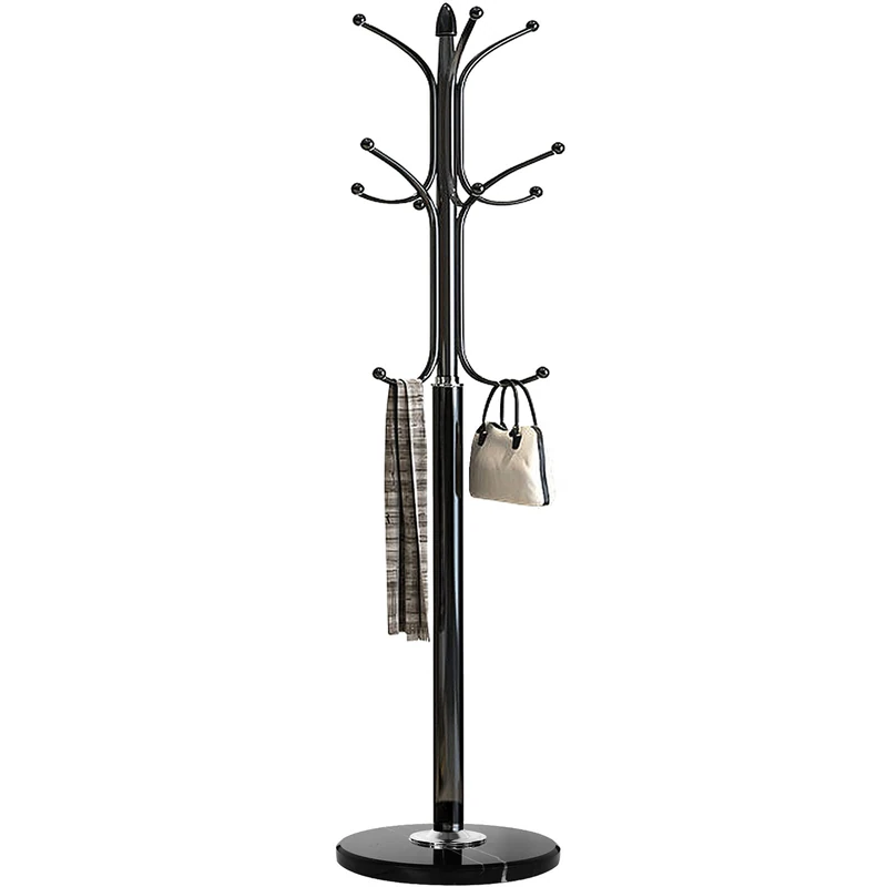 Kertnic Metal Coat Rack Stand with Natural Marble Base, Free Standing Hall Tree with 12 Hooks for Hanging Scarf, Bag, Jacket, Home Entry-way Hat Hanger Organizer (Black)