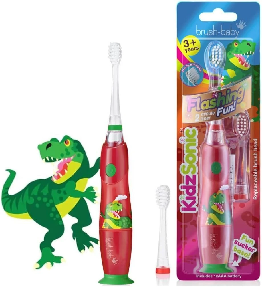 Brush-Baby - Dinosaur KidzSonic Kids Electric Toothbrush, 3+ Years - DeepClean Bristles, Suction Base - Fun Design with Flashing Disco Lights - 2 x Replacement Heads & 1 x AAA Battery