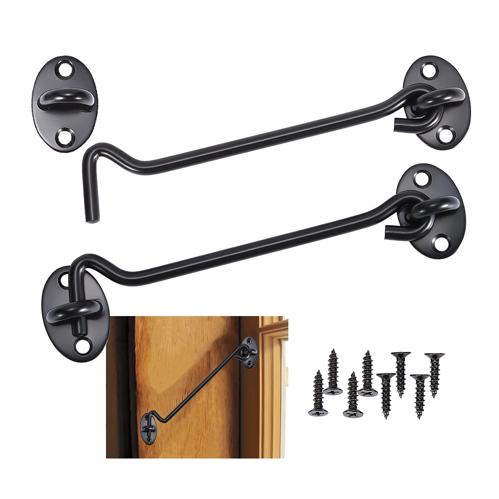 LIYUABU 6 Inch Stainless Steel Hook and Eye Latch, 2 Pack, Black, Modern Style, Easy Install, Securing Interior Doors or Windows