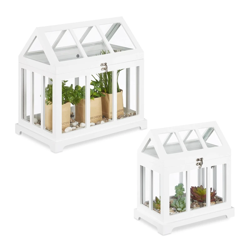 Relaxdays mini greenhouse, set of 2, for windowsill, indoor glasshouse, herbs, plants, 2 sizes, white, MDF & glass