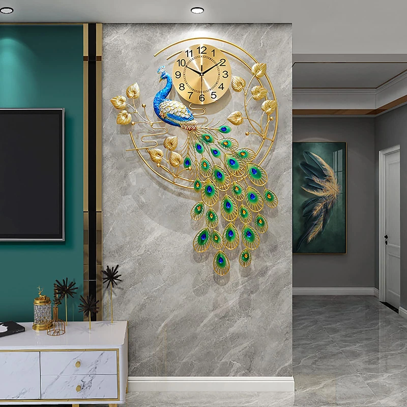 EURSON Large Peacock Wall Clocks for Living Room Decor Silent Non-Ticking 3D Quartz Metal Wall Clocks Crystal Modern Art Decorative for Bedroom and Kitchen (Blue&Green)