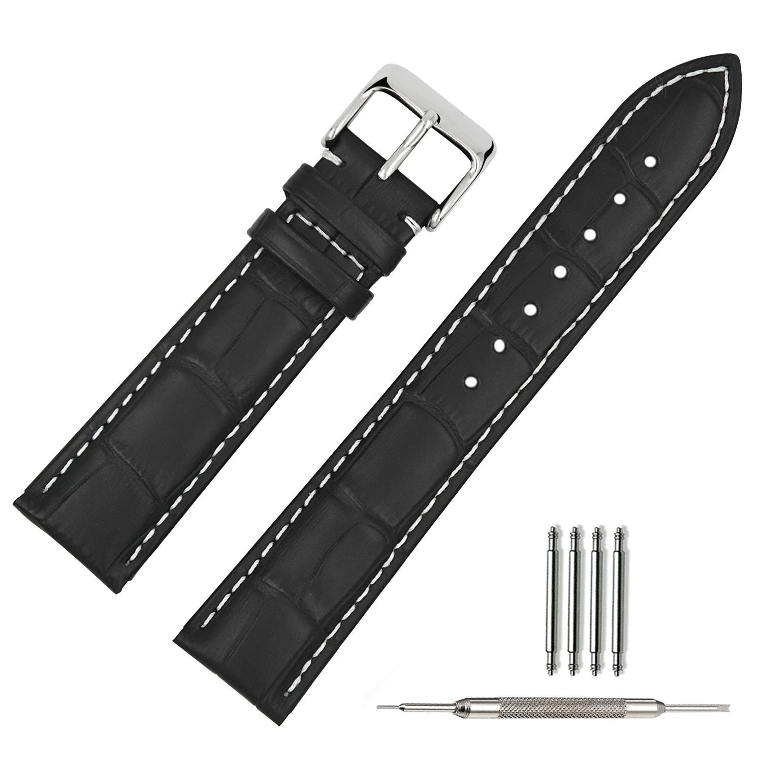 TStrap Leather Watch Straps 14mm - Soft Black Crocodile Embossed Watch Bands Replacement - Military Watch Straps for Men Women - Smart Watches Bracelet Clasp Buckle