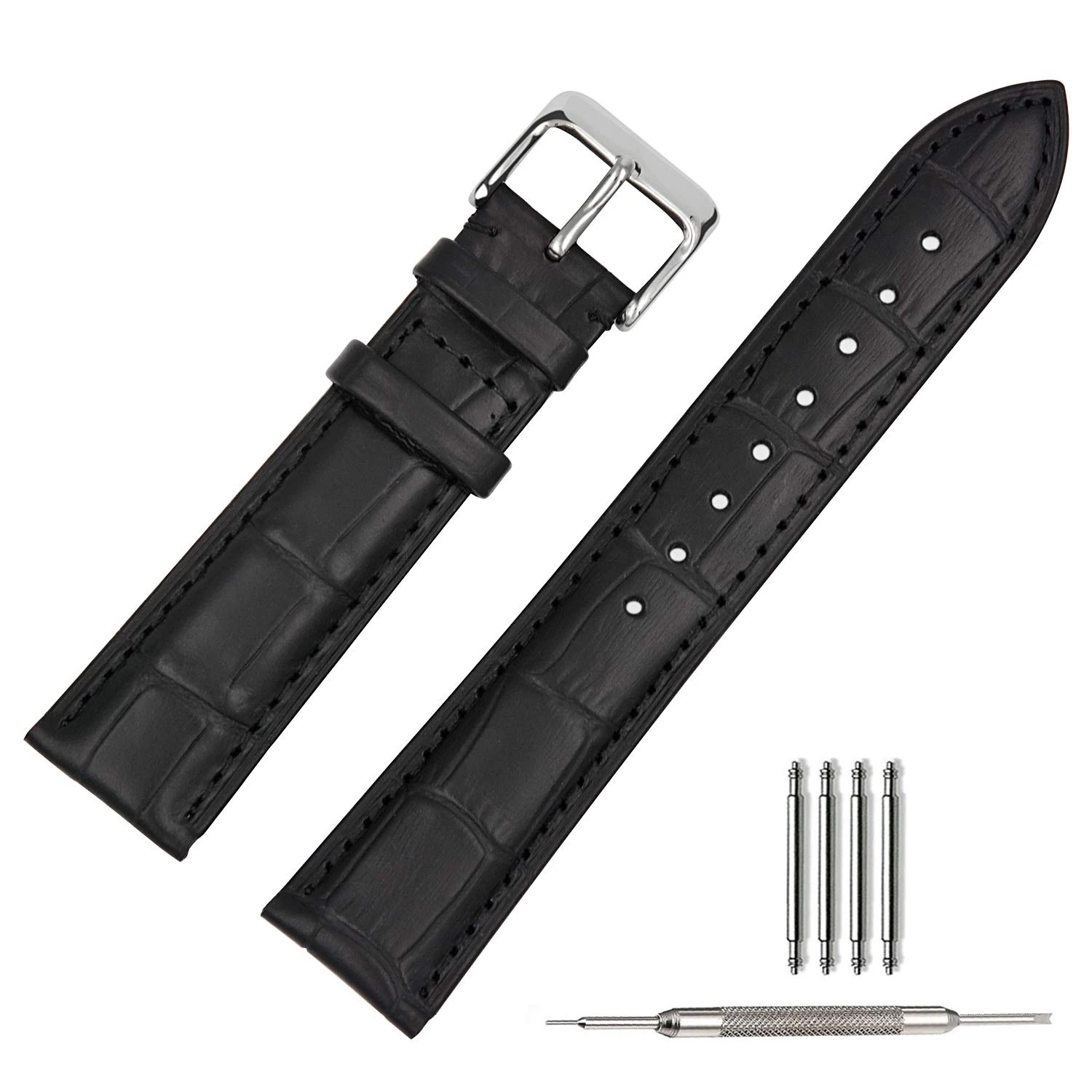 TStrap Leather Watch Straps 14mm - Soft Black Alligator Embossed Watch Bands Replacement - Military Watch Straps for Men Women - Smart Watches Bracelet Clasp Buckle