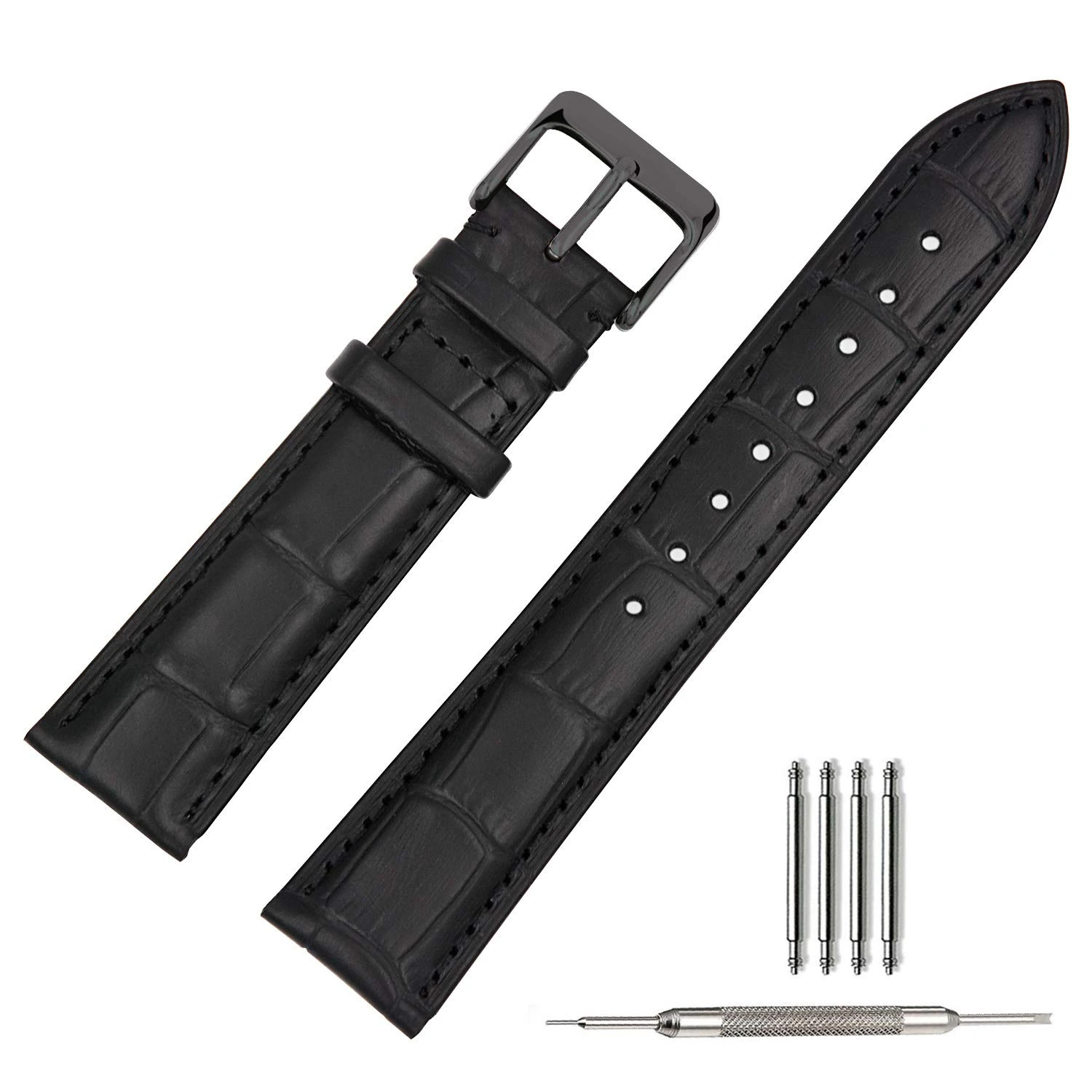 TStrap Leather Watch Straps 18mm - Soft Black Alligator Embossed Watch Bands Replacement - Military Watch Straps for Men Women - Smart Watches Bracelet Black Clasp Buckle