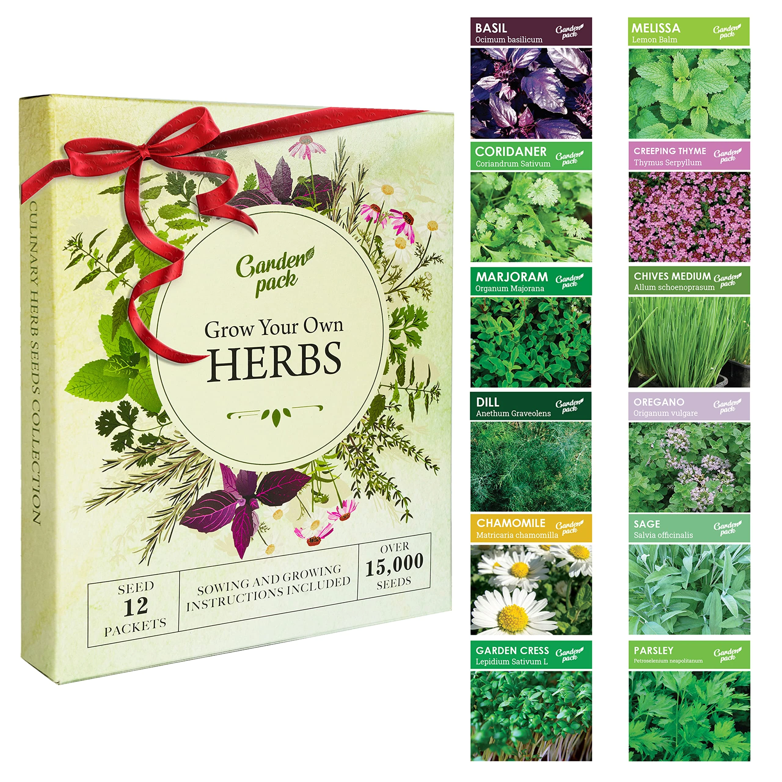 Garden Pack Herb Seeds for Planting & Outdoors, 12 Varieties, 15000 Heirloom Seeds Multipack Ready to Grow Starter Kit to Grow Aromatic Basil, Coriander, Oregano, Sage & More