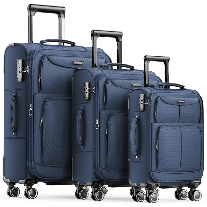 SHOWKOO Suitcase Sets 3 Piece Softshell Expandable Lightweight Durable Travel Luggage with Double Spinner Wheels TSA Lock, 20" 24" 28" Deep Blue