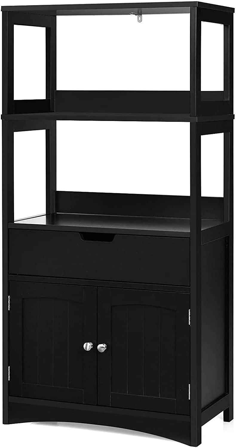 LDAILY Storage Cabinet, Floor Cabinet with 2 Selves, 1 Drawer and a 2-Door Base Cupboard, Bar Cabinet for Living Room, Kitchen, Bathroom (Black)