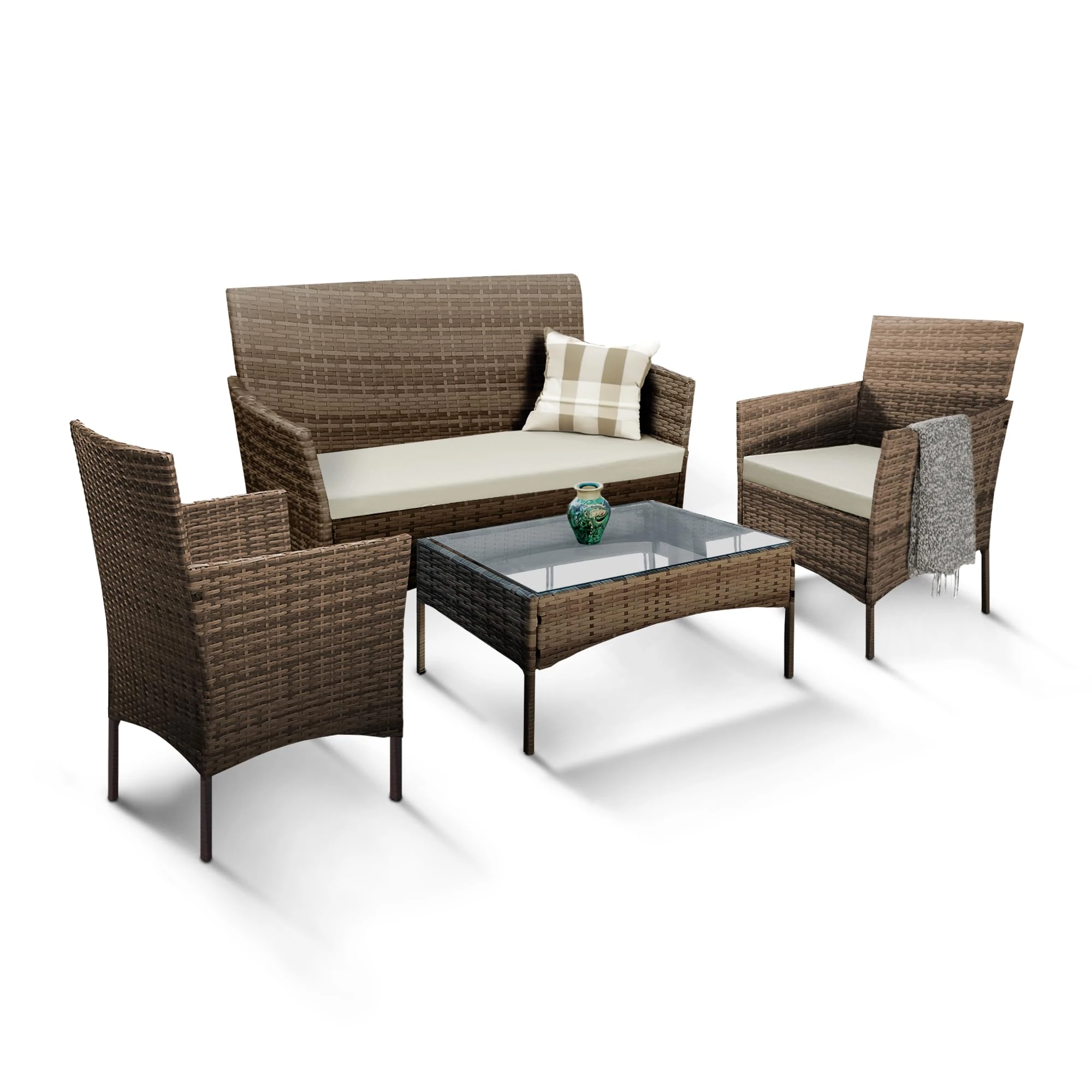 KEPLIN 4pc Rattan Garden Furniture Set – Outdoor Lounger Sofa, Chairs and Table Bistro Set for Lawn, Patio, Inside Conservatory – Easy to Store, Stackable, Ideal for Dining in the Sun (Brown)