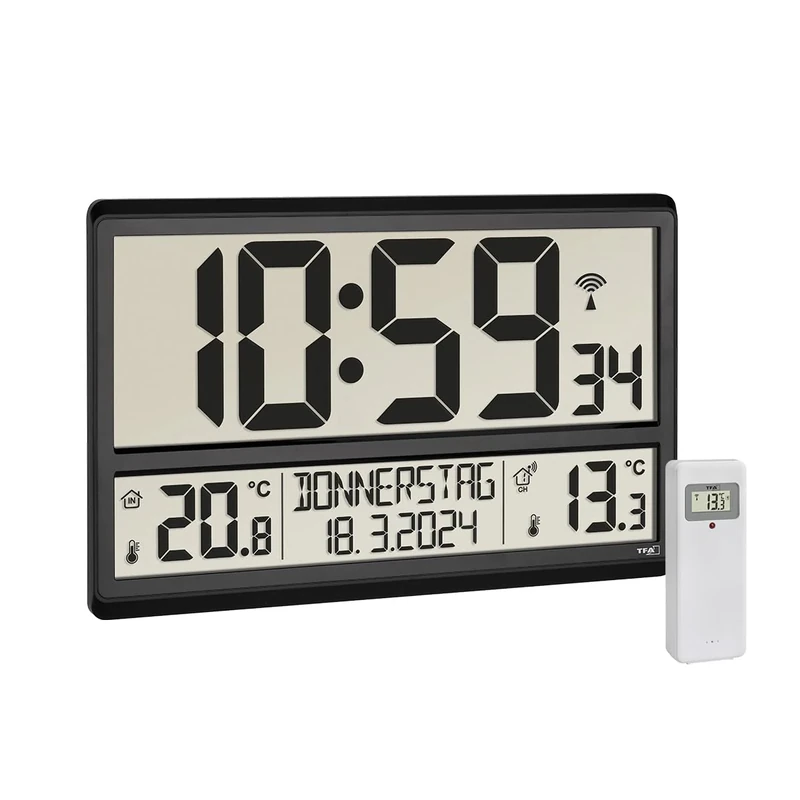 TFA Dostmann Digital XL Wall Clock, 60.4521.01, with Outdoor Temperature, Indoor Temperature, Day of the Week (8 Languages), Radio-Controlled Clock, Date, Black, (L) 360 x (W) 235 x (H) 28 (84) mm