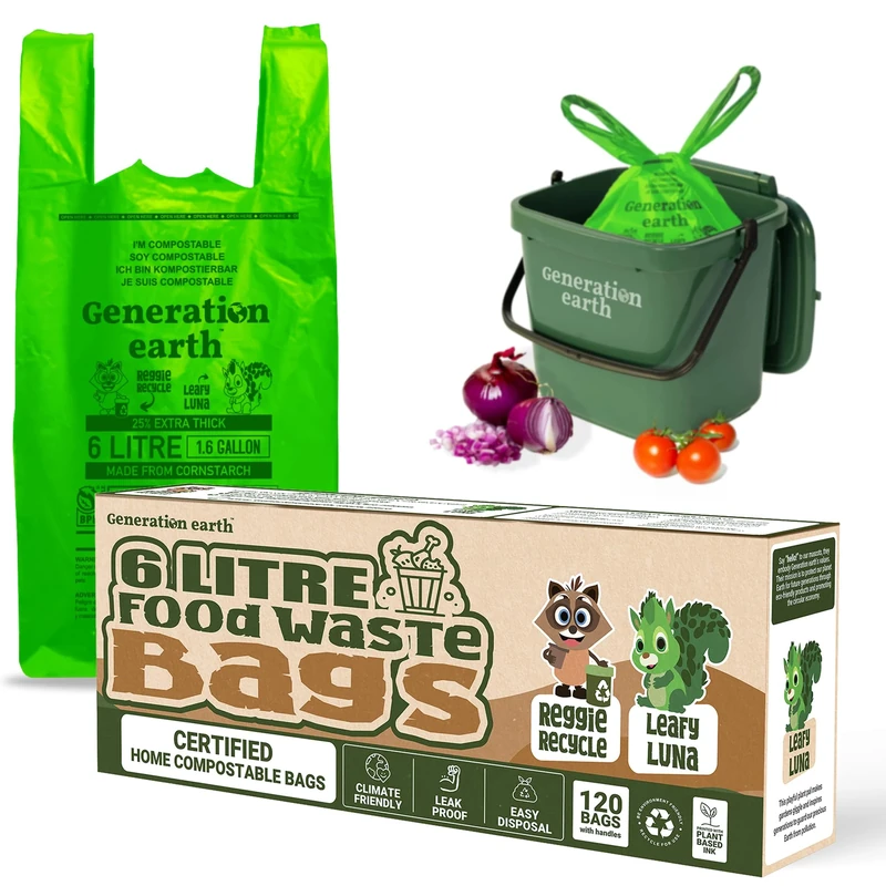 Generation earth | 120pcs - 6L Bags - Tie Handles - OK Compost HOME Certified - Food Waste - Extra Strong Kitchen Caddy Bin Liners