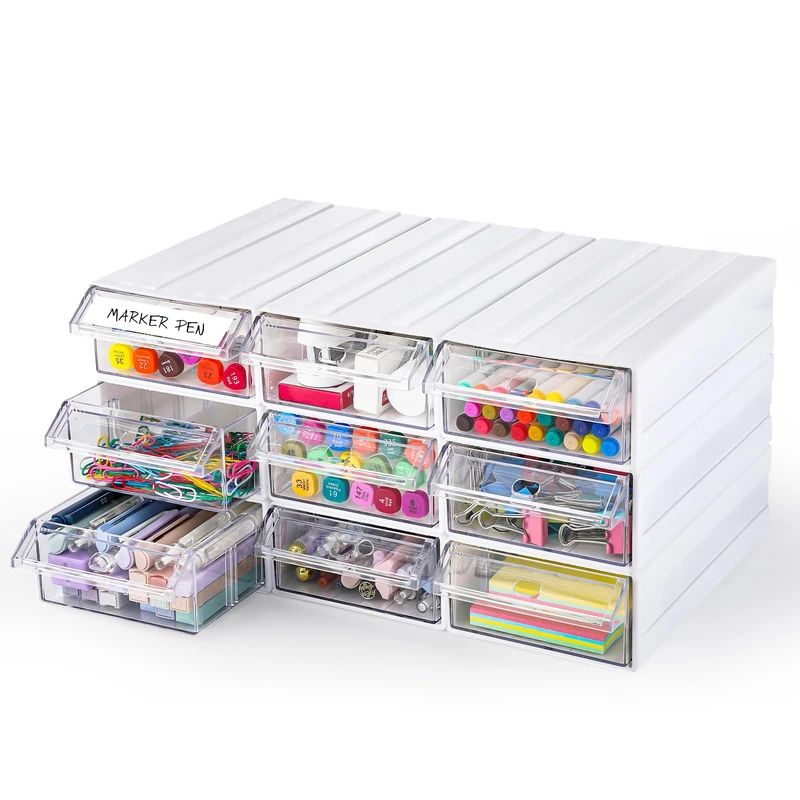 9 Pcs Plastic Stacking Storage-in-Drawer Cabinet- Desktop& Wall Mounted 9 Drawer Storage Closet with 18pcs Clear Dividers Multifunctional Organizer Rack with 9pcs Tag Card for Home Office Small Items