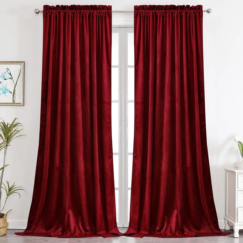 Benedeco Red Burgundy Velvet Curtains for Bedroom Window, Super Soft Luxury Drapes, Room Darkening Thermal Insulated Rod Pocket Curtain for Living Room, W52 by L96 inches, 2 Panels
