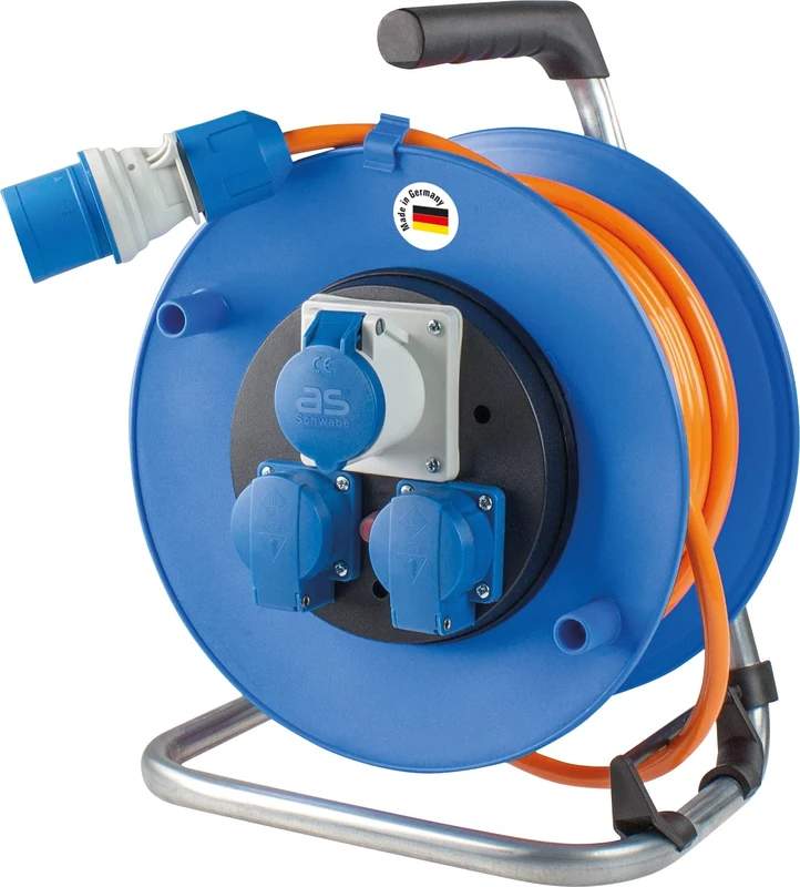 as - Schwabe Camping Cable Reel 25 m - with Voltage Indicator on CEE Plug - 2 Earthing Contact & 1 CEE Socket 230 V/16 A/3-Pin - Outdoor Cable Reel - Splash Protection IP44 - Blue, 10170