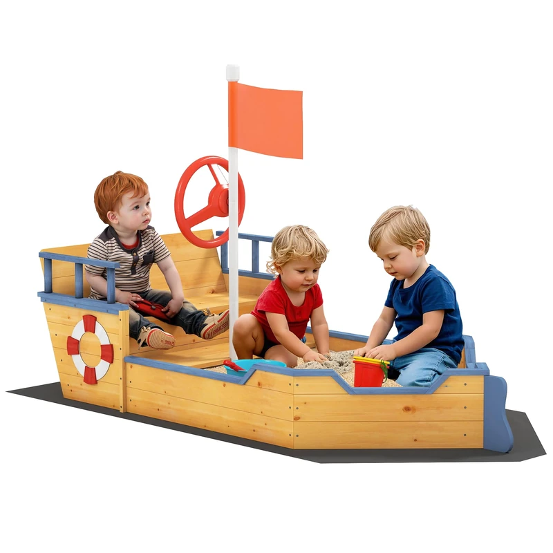 Outsunny Kids Sand Pit, Children Pirate Ship Sandbox with Bench, Bottom Liner, Seat, Natural Wood Tone