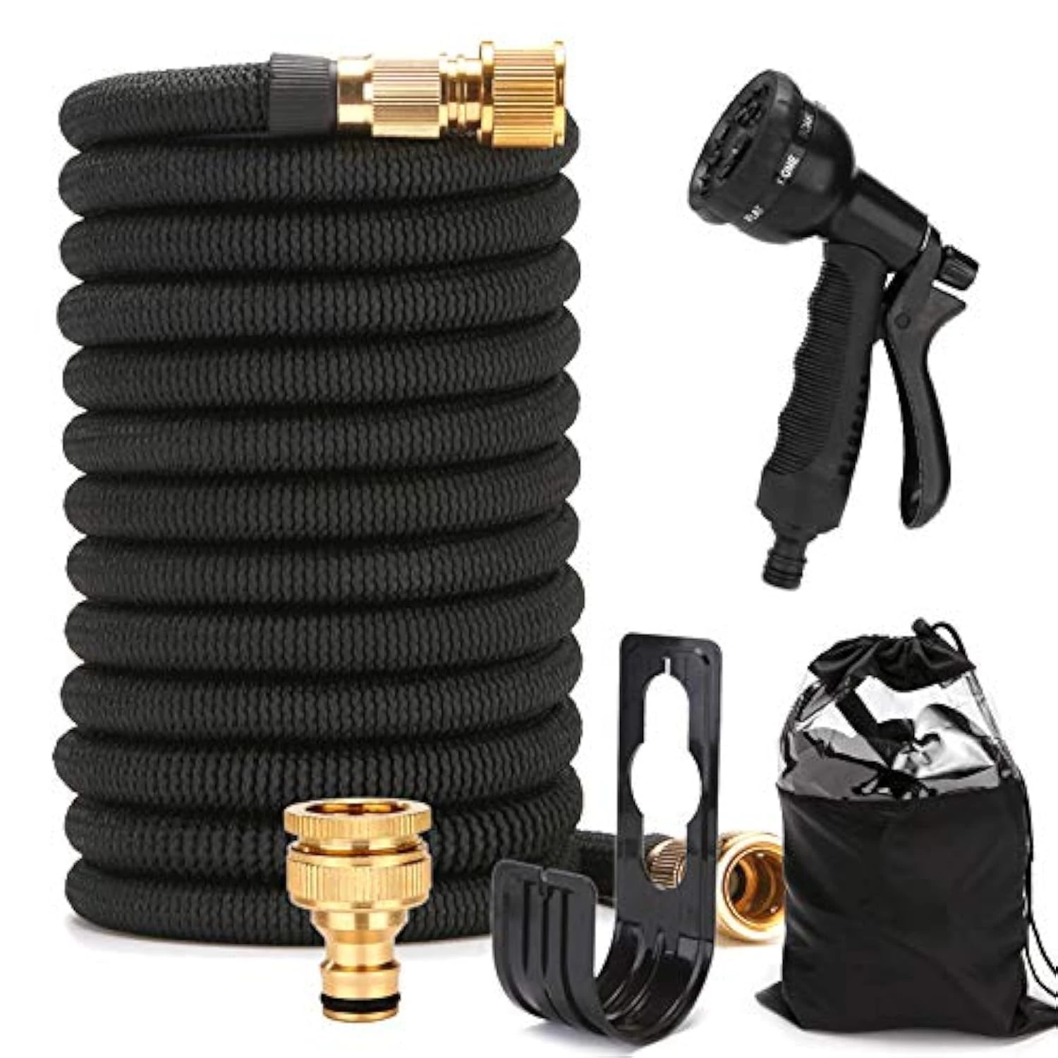 EVERGD Expandable Garden Hose, Upgraded 3-Layer Latex Lightweight Hose Pipe, 3/4"&1/2" Solid Brass Connectors, Black No-Kink Flexible Water Hose with 8 Function Spray (25FT)
