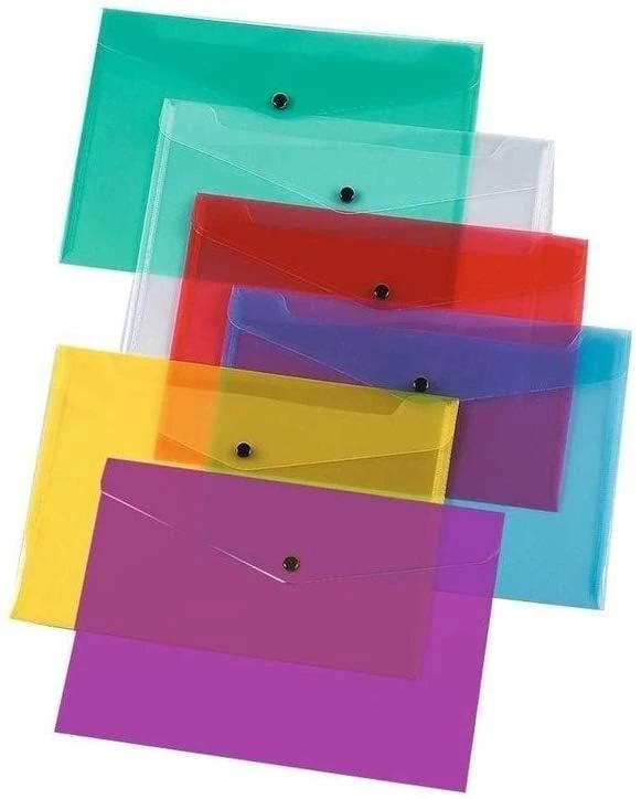 5 Assorted Color A4 Popper Wallets - Clear Plastic Paper Wallets for Document Storage and Office Organization Supplies - Lightweight Transparent Folders with Snap Closure