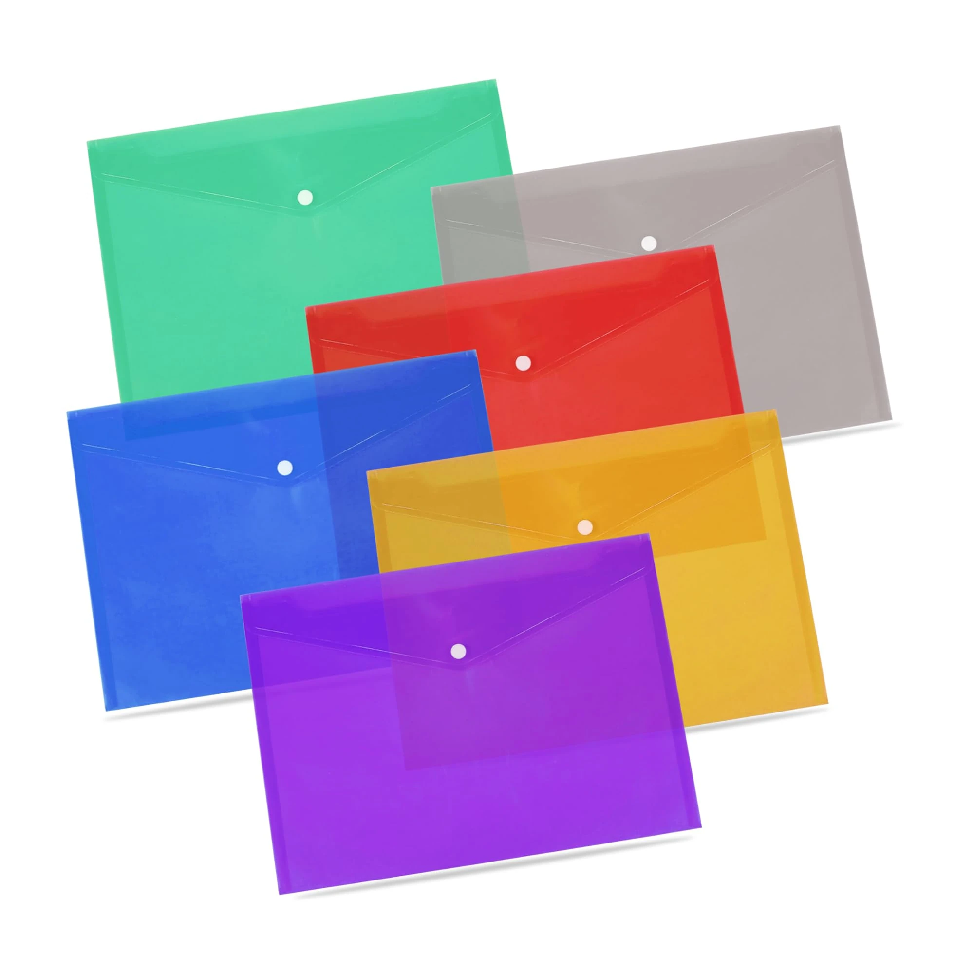 15 Assorted Color A5 Popper Wallets - Clear Plastic Paper Wallets for Document Storage and Office Organization Supplies - Lightweight Transparent Folders with Snap Closure