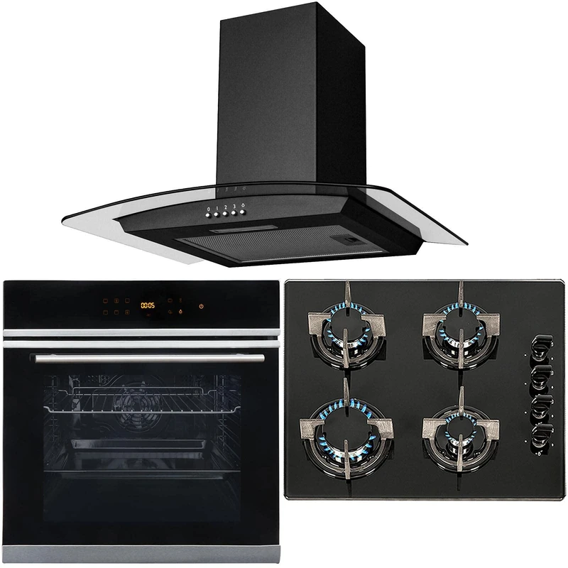 SIA BISO6SS 60cm Black Touch Control 10 Function Single Fan Oven, 4 Burner Gas On Glass Hob & Curved Glass Cooker Hood Kitchen Extractor Fan