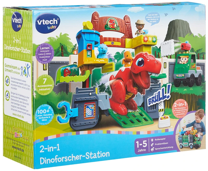 Vtech Baby 2-in-1 Dinosaur Explorer Station - Large Vehicle and Dino Playset in One with Many Figures, Music, and Learning Sets - For Children Aged 1-5 Years - Exclusive to Amazon