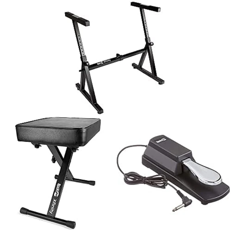 RockJam Z Style Adjustable and Portable Heavy Duty Music Electronic Keyboard Stand + Adjustable Padded Keyboard Bench and Piano Stool + Sustain Peda for Pianos and Keyboards
