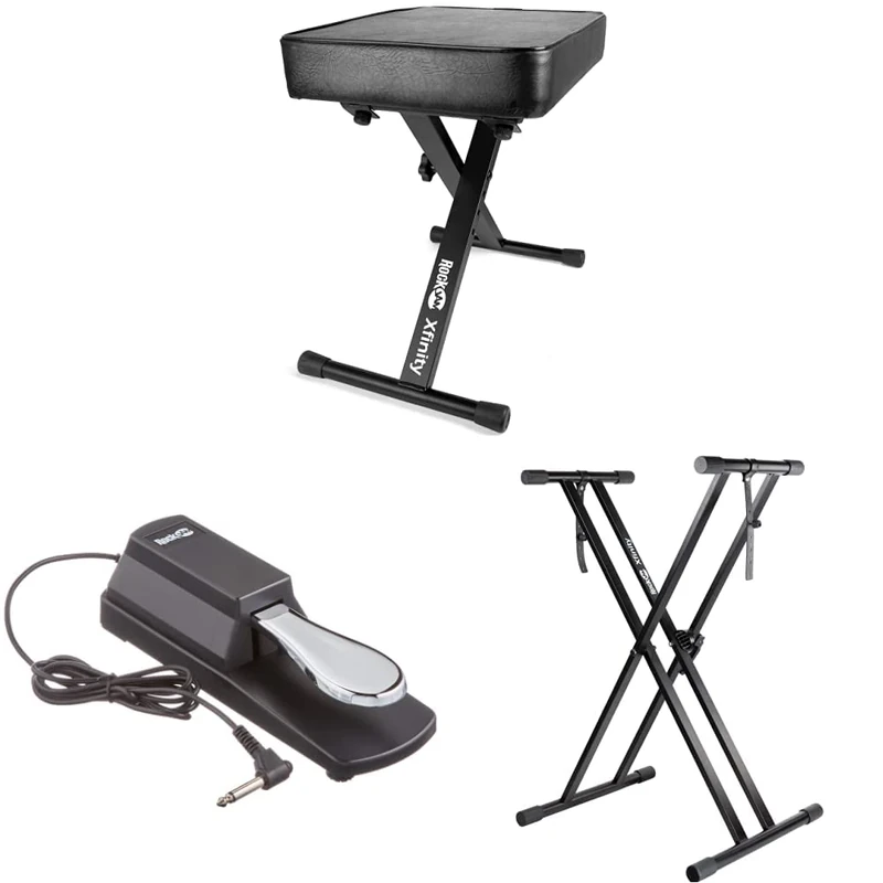 RockJam RJXX363 Xfinity Doublebraced Pre Assembled Highly Adjustable Keyboard Stand with Locking Straps + Adjustable Padded Keyboard Bench and Piano Stool + Sustain Pedal for Pianos and Keyboards