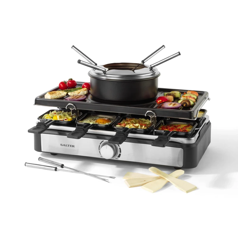 Salter Electric Raclette Grill & Fondue - 2-in-1 Smokeless Indoor Grill, 1.3L Chocolate Melting/Cheese Fondue Pot, 6 Forks, Adjustable Temperature, 8 Non-Stick Pans & Wooden Spatulas, 1400W