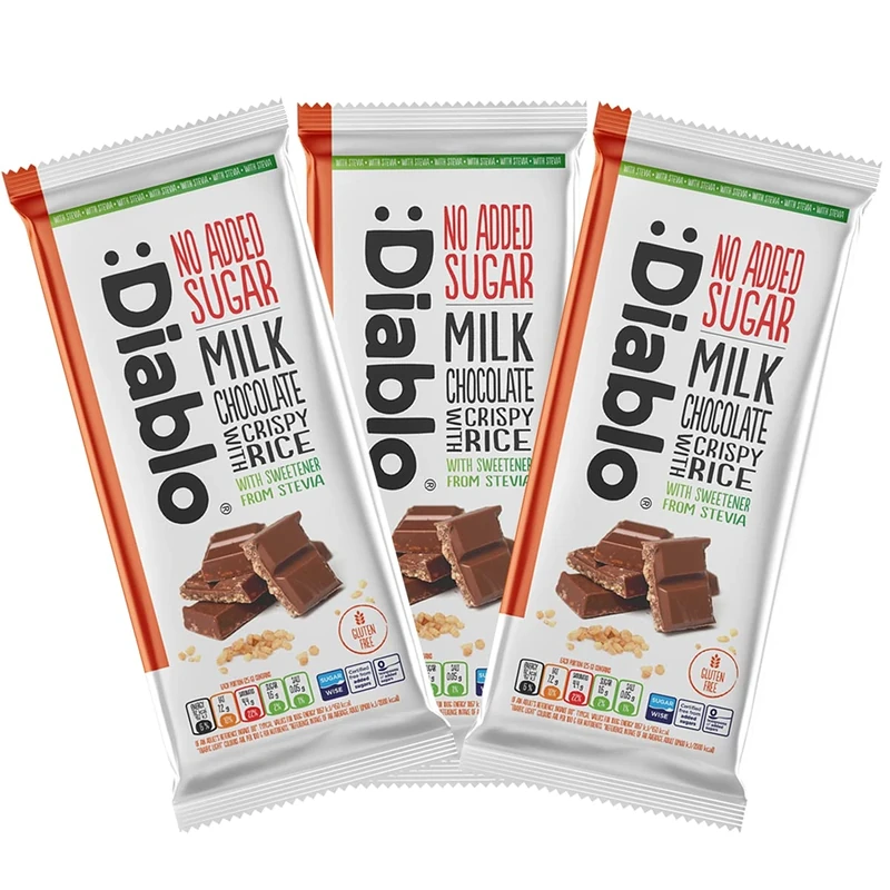 Diablo No Added Sugar Chocolate Bar – Milk Chocolate with Crispy Rice, Sweetened with Stevia, Gluten Free, Ideal for Any Occasion, Birthdays, Valentines, or Gift Hampers, 75g (Pack of 3)