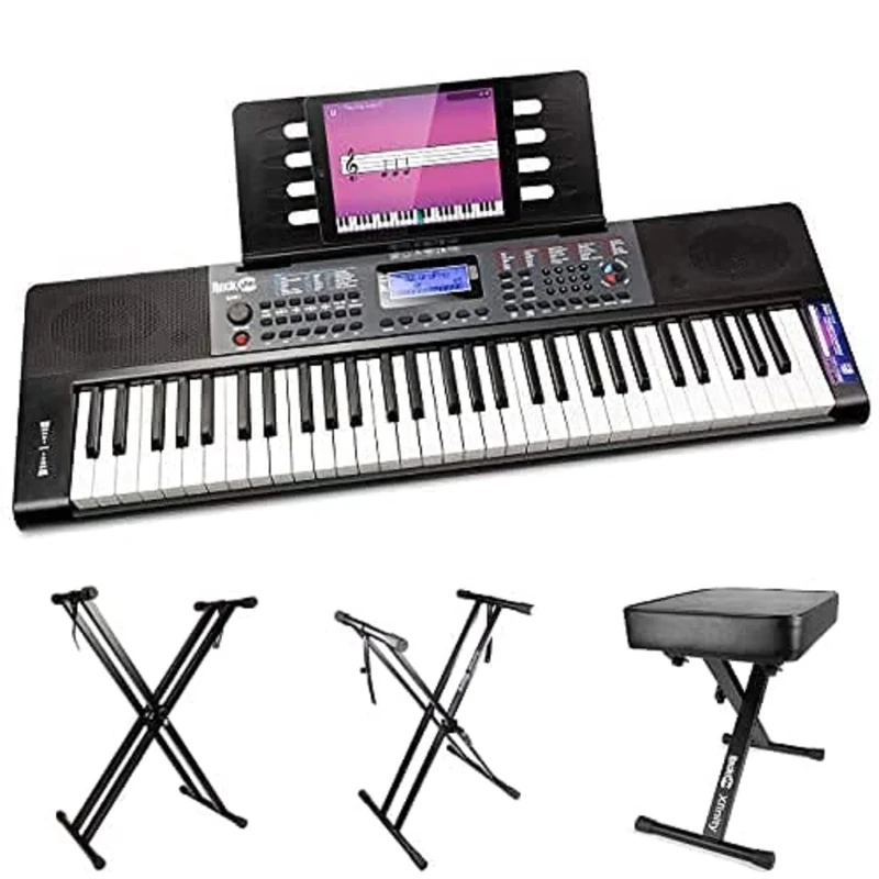 RockJam RJ461 61 Key Keyboard Piano with Pitch Bend, Double Brace & Adjustable Stand with Locking Straps & Padded Bench