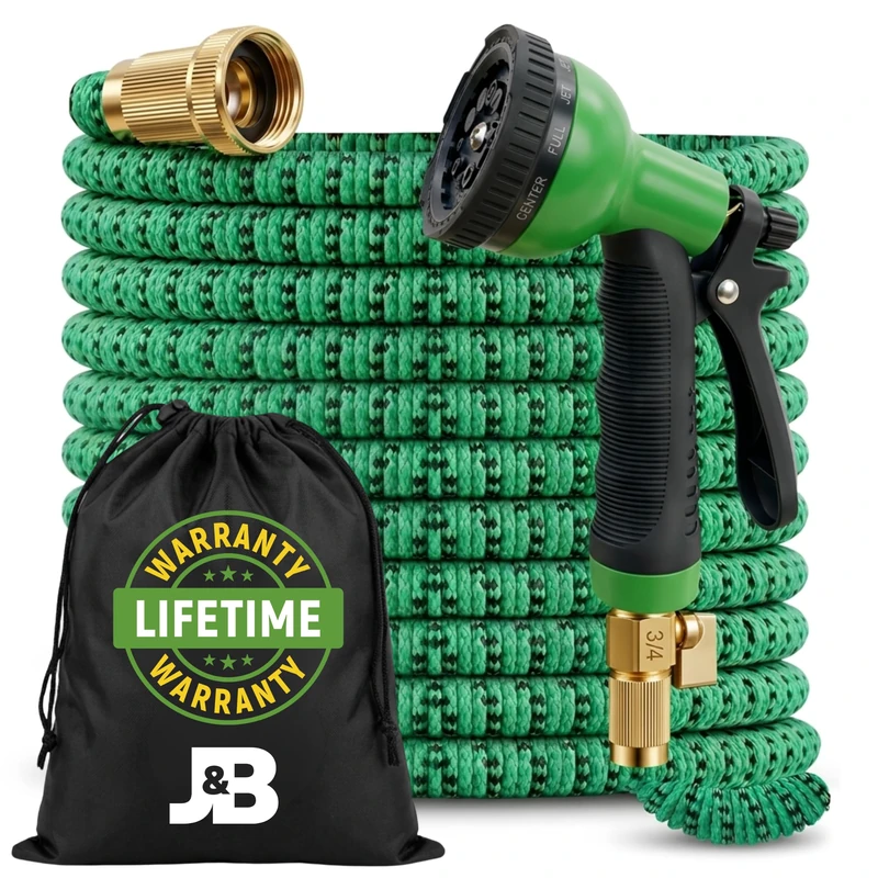 J&B XpandaHose 50ft Expandable Garden Hose with Holder - Heavy Duty Superior Strength 3750D - 4 -Layer Latex Core - Extra Strong Brass Connectors and 10 Spray Nozzle w/Storage Bag (Green 50)