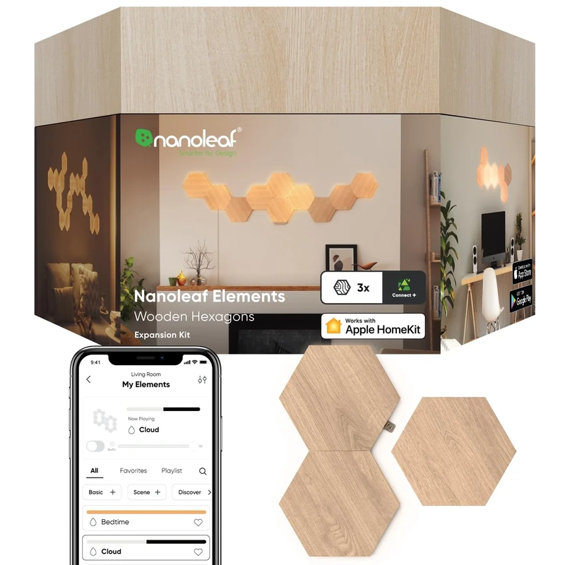 Nanoleaf Elements Hexagon Expansion Pack, 3 Additional Wood Look Light Panels - Dimmable & Modular Smart LED Wi-Fi Wall Mood Lights, Works with Alexa Google Assistant Apple Homekit, for Room Decor
