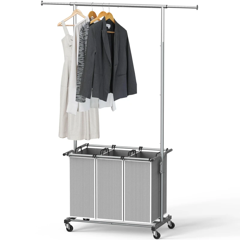 Simple Houseware 3 Bag Laundry Sorter Rolling Cart w/Garment Rack Hanging Rod, Silver