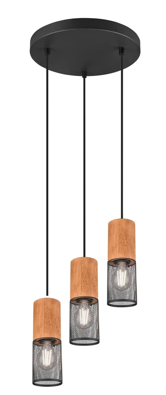 Trio Leuchten Tosh 304330332 Pendant Light Metal Black Matt Wood Excluding 3X E27 - Image 1