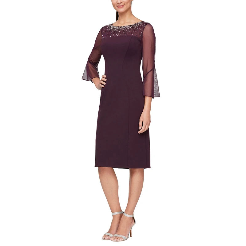Alex Evenings Women's Short Shift Dress with Embellished Illusion Details Special Occasion, Aubergine, 18