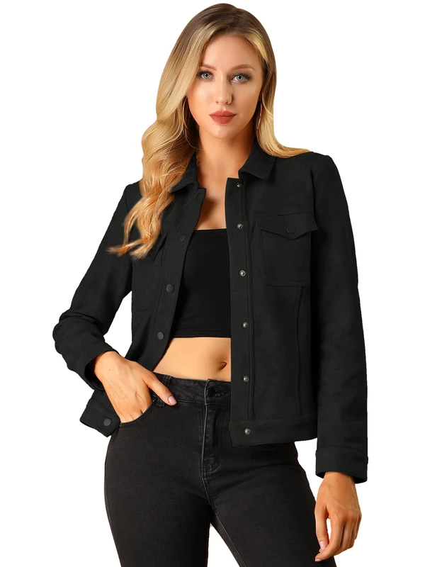 Allegra K Women's Turn-Down Collar Flap Pockets Snap Button Faux Suede Jacket, Black, M